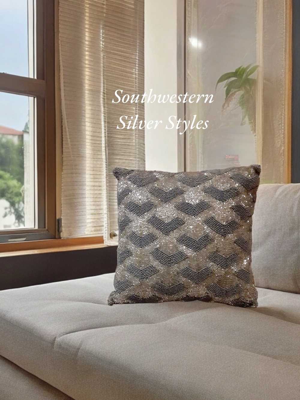 Silver Metallic (2) Tone Beaded Chevron Pattern Pillow by Marlo Lorenz For Thro